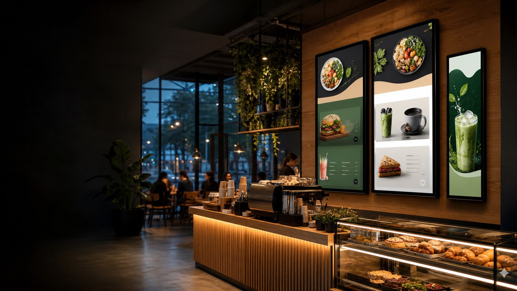 Digital menu and signage screens in a modern retail environment
