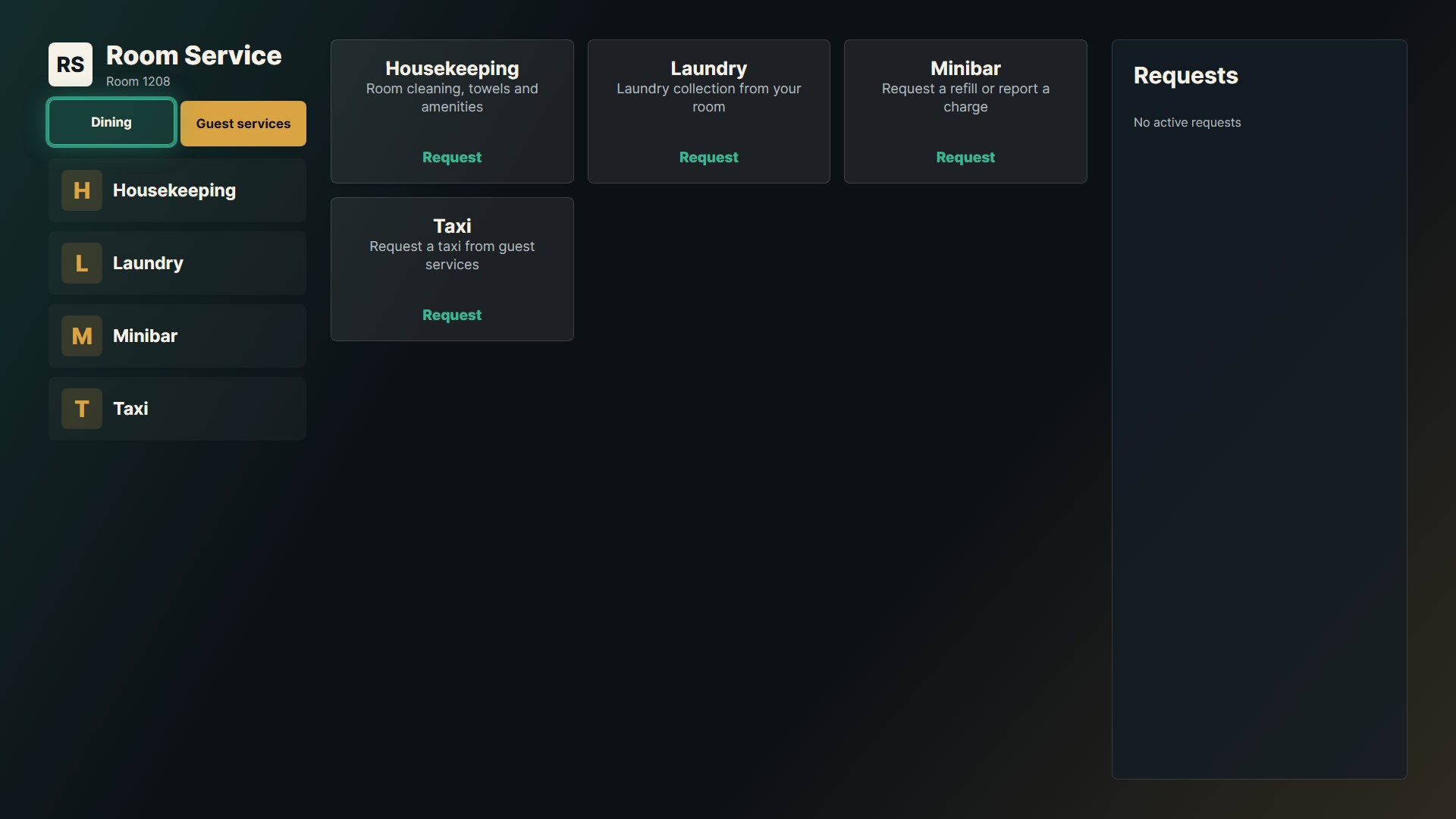Guest services menu shown in a hospitality TV application