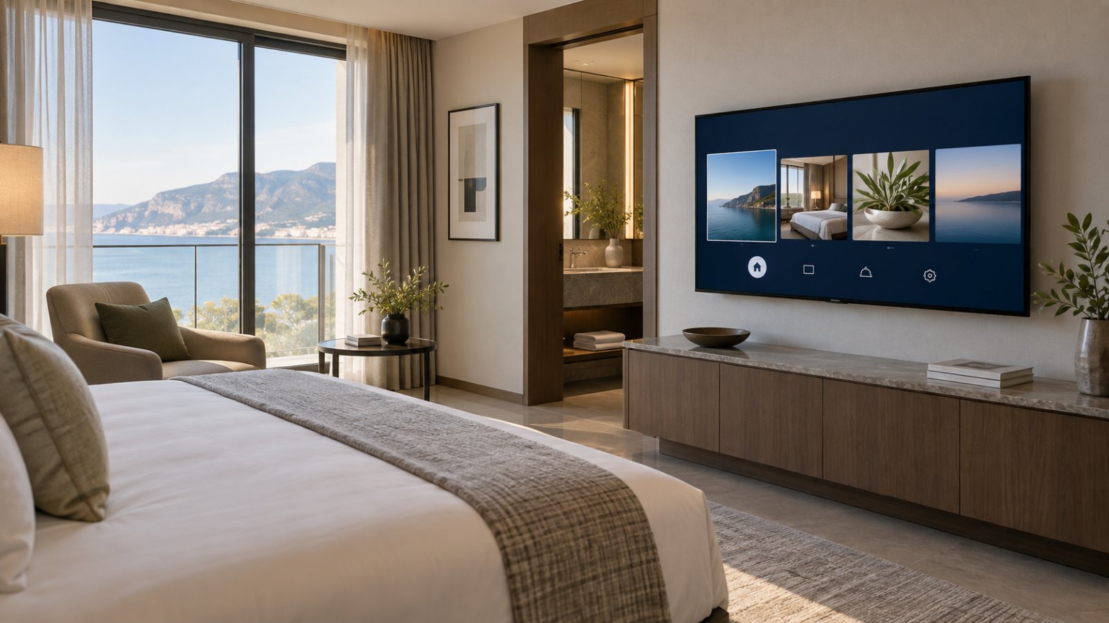 Hospitality TV interface displayed in a hotel room setting